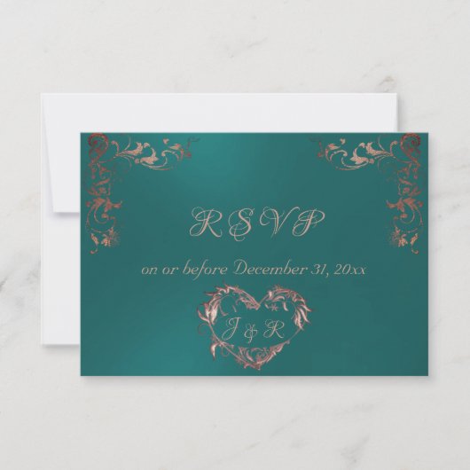 Ornate Frame & Heart - Teal/Rose Gold RSVP Kaartje (Voorkant)