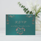 Ornate Frame & Heart - Teal/Rose Gold RSVP Kaartje (Staand voorkant)