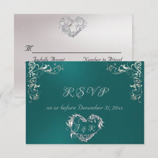 Ornate Frame & Heart - Teal/Silver RSVP Kaartje (Voorkant / Achterkant)