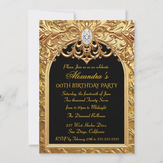 Ornate Gold Black Elegant Birthday Party Diamonds Kaart (Voorkant)