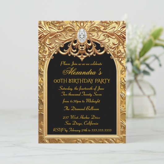 Ornate Gold Black Elegant Birthday Party Diamonds Kaart (Staand voorkant)