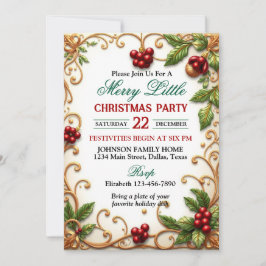Ornate Gold Border with Holly Christmas Party Kaart