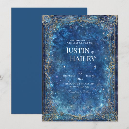 Ornate Gold Celestial Galaxy Wedding Kaart (Voorkant / Achterkant)