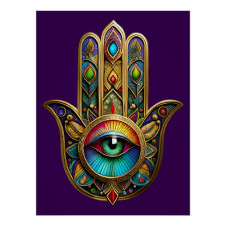 Ornate Gold Colorful Hamsa Green on Red Third Eye Perfect Poster