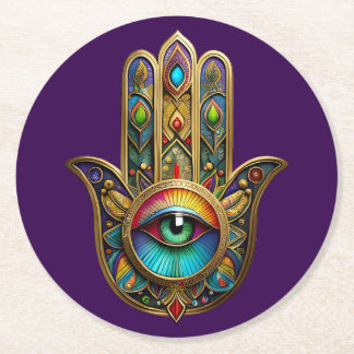 Ornate Gold Colorful Hamsa Green on Red Third Eye Ronde Kartonnen Onderzetter