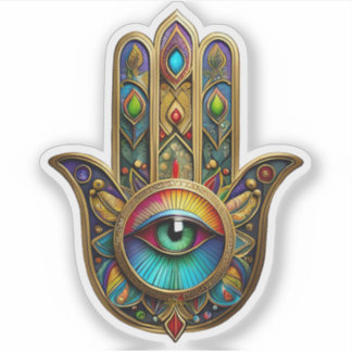 Ornate Gold Colorful Hamsa Green on Red Third Eye Sticker