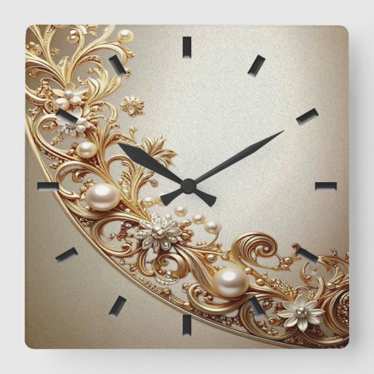 Ornate Gold Flourish Wall Clock Vierkante Klok (Voorkant)