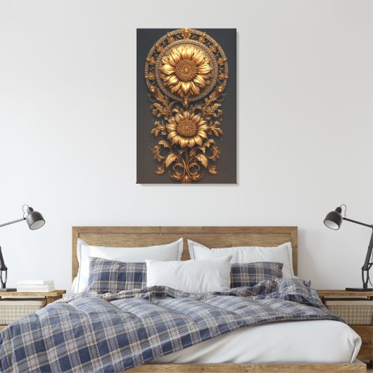Ornate Gold Frame With Large Metallic Flower Medal Canvas Afdruk (Insitu (Slaapkamer))