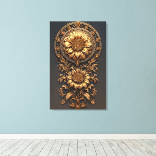 Ornate Gold Frame With Large Metallic Flower Medal Canvas Afdruk (Insitu (Houten vloer))