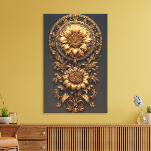 Ornate Gold Frame With Large Metallic Flower Medal Canvas Afdruk (Insitu (Woonkamer))