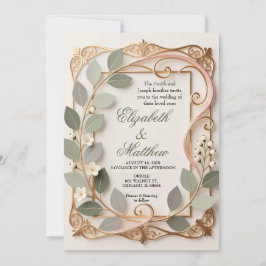 Ornate Gold Scrollwork Pink Botanical Wedding  Kaart