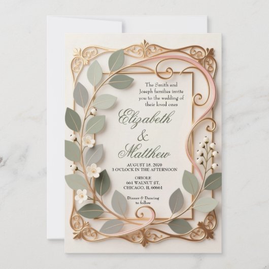 Ornate Gold Scrollwork Pink Botanical Wedding Kaart (Voorkant)