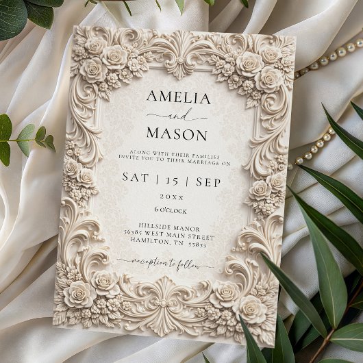 Ornate Ivory Baroque Floral Wedding Invitation Kaart