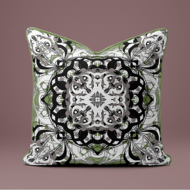 Ornate Mandala Decorative Pillow in Olive Green Kussen (Creator heeft geüpload)