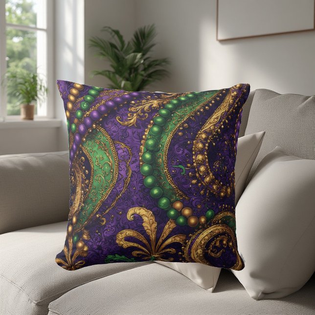 Ornate Masquerade Masks, Gold Beads, Fleur-de-Lis  Kussen (Ornate Masquerade Masks, Gold Beads, Fleur-de-Lis Throw Pillow)