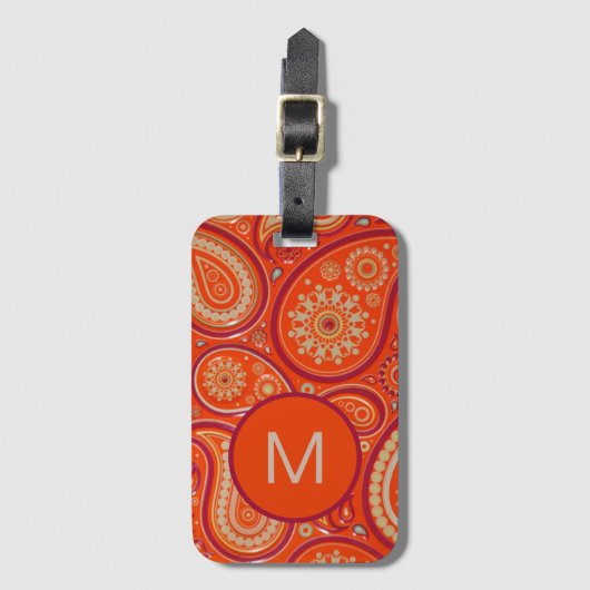 Ornate Orange Paisley Pattern Monogram Bagagelabel (Voorkant (verticaal))