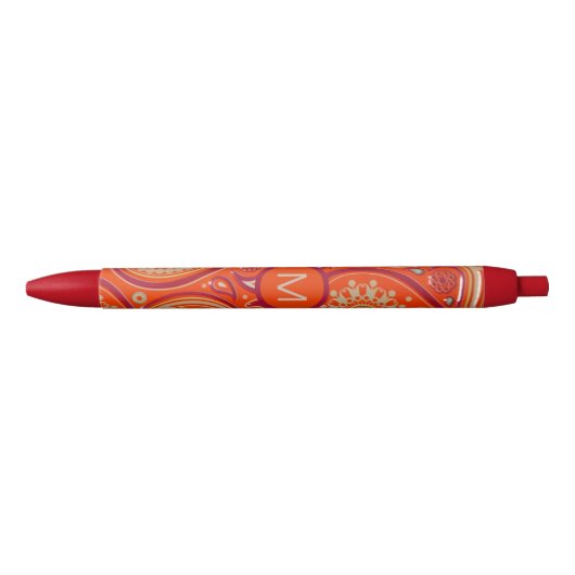 Ornate Orange Paisley Pattern Monogram Zwarte Inkt Pen (Voorkant)