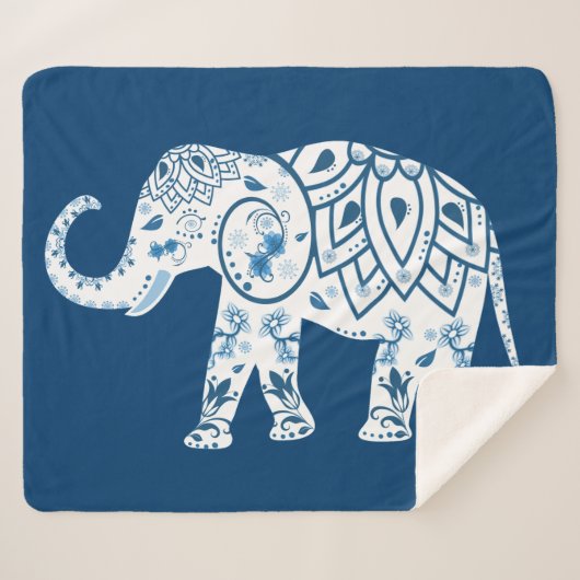 Ornate Patterned Blue Elephant Sherpa Deken (Voorkant (horizontaal))