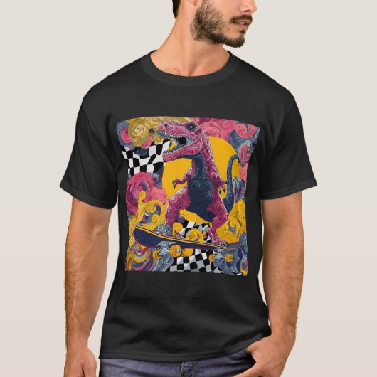 Ornate Pink T-Rex Skateboarding T-shirt (Voorkant)