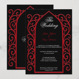 Ornate red border Gothic wedding Invitation Kaart