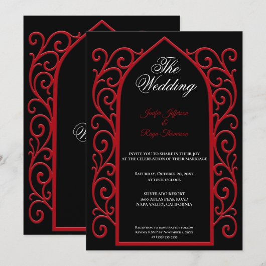 Ornate red border Gothic wedding Invitation Kaart (Voorkant / Achterkant)