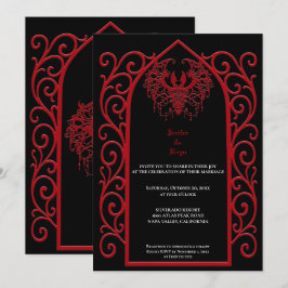 Ornate red border Gothic wedding Invitation Kaart