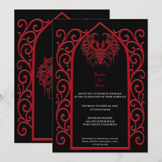 Ornate red border Gothic wedding Invitation Kaart (Voorkant / Achterkant)