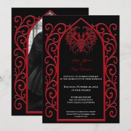 Ornate red border Photo Gothic wedding Invitation Kaart