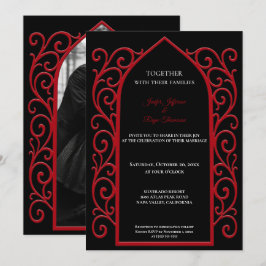 Ornate red border Photo Gothic wedding Invitation Kaart