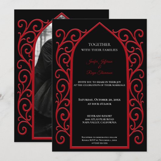 Ornate red border Photo Gothic wedding Invitation Kaart (Voorkant / Achterkant)