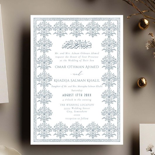 Ornate Romantic Vintage Blue Islamic Wedding Kaart