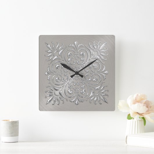 Ornate Silver Embossed Look Vierkante Klok (Huis)