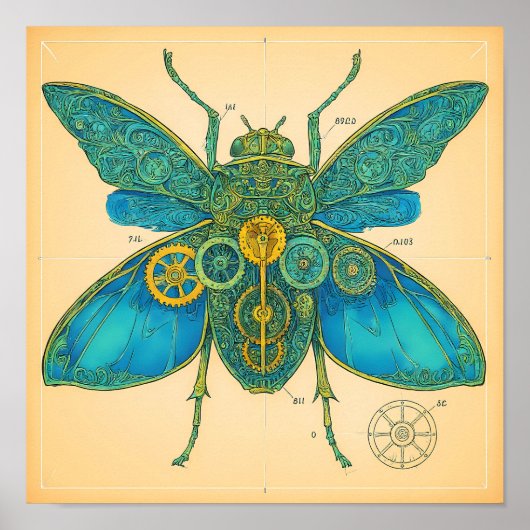Ornate Technical Diagram: Steampunk Insect Poster (Voorkant)