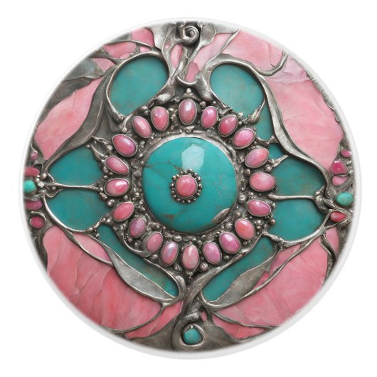 Ornate Tourmaline & Turquoise Art in Silver Keramische Knop (Voorkant)