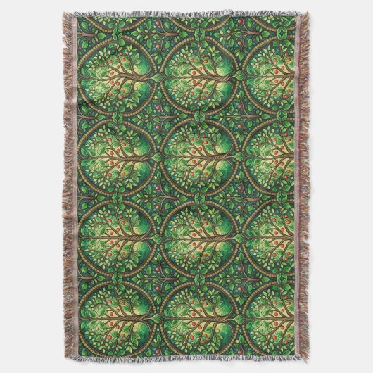 Ornate tree pattern in green and brown on a woven  deken (Voorkant Verticaal)