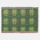 Ornate tree pattern in green and brown on a woven  deken (Voorkant)