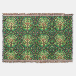 Ornate tree pattern in green and brown on a woven  deken