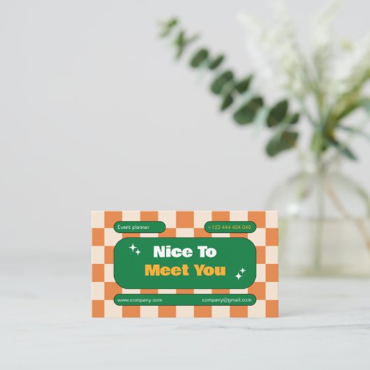 Oronge Geel Groen Retro Checkerboard Boho Visitekaartje (Staand voorkant)
