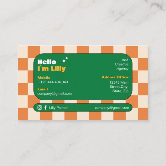 Oronge Geel Groen Retro Checkerboard Boho Visitekaartje (Achterkant)