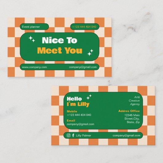 Oronge Geel Groen Retro Checkerboard Boho Visitekaartje (Voorkant / Achterkant)