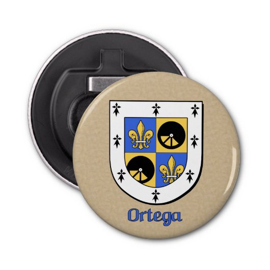 Ortega Heraldic Arms op perkament stijl terug Button Flesopener (Voorkant)