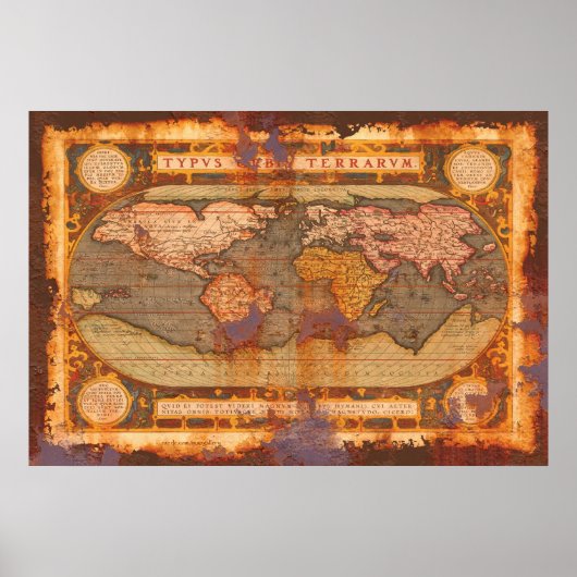 Ortelius' Old World Map in Rusty Grunge Style Poster (Voorkant)