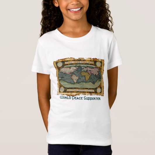 Ortelius Oude Wereldkaart Wereld Vrede Supporter T T-shirt (Voorkant)
