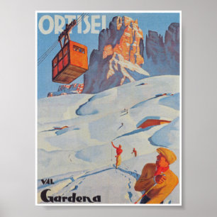Ortesei Italy Ski Travel Poster