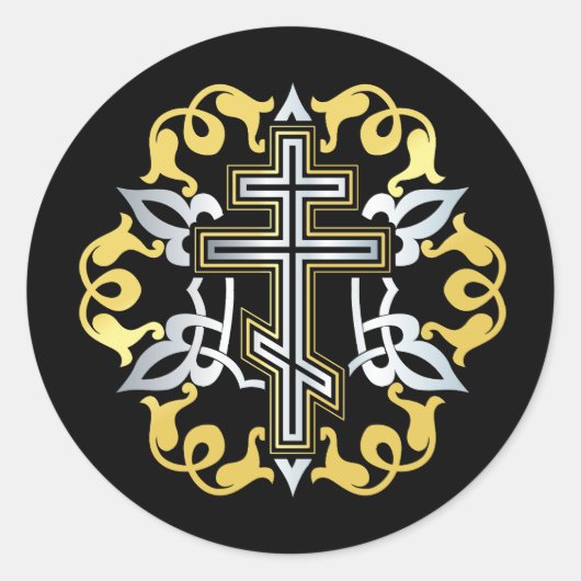 Orthodox kruis goud met Ornamenten Ronde Sticker (Voorkant)