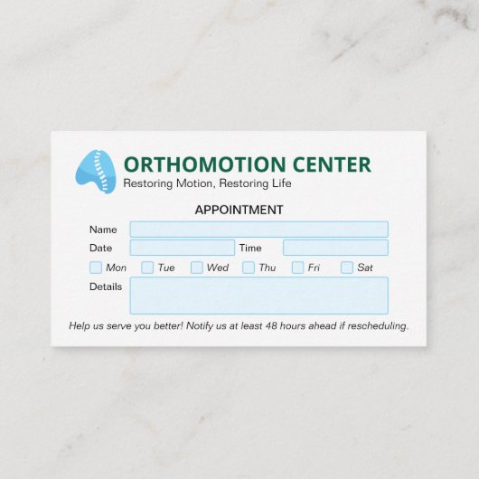 Orthopedische fysiotherapie | Moderne afspraak Visitekaartje (Achterkant)