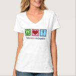 Orthopedist Peace Love Orthopedica Kantoor T-shirt<br><div class="desc">Peace Love Orthopedics cadeau. Een schattig kerstcadeau voor een orthopedische chirurg of orthopedist die werkt met het musculoskeletale systeem en patiënten die een schouder- en heupoperatie nodig hebben. Een vredesteken, hart en een skelet om de botten van de specialiteit te shows.</div>