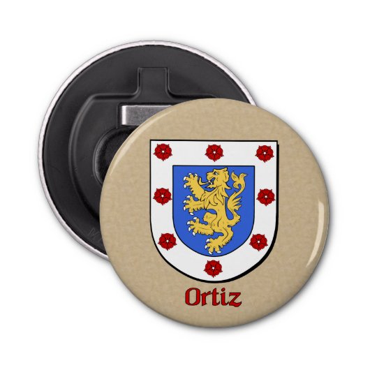 Ortiz Heraldic Arms op perkament stijl terug Button Flesopener (Voorkant)