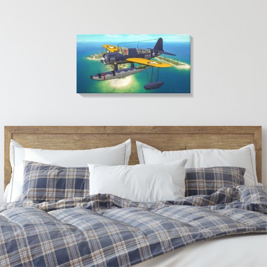 OS2U Kingfisher boven Wake Island Canvas Afdruk (Insitu (Slaapkamer))