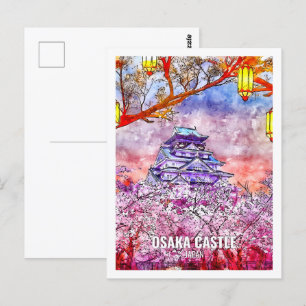 Osaka Castle Japan Beroemde Reisplaats Waterverf Briefkaart